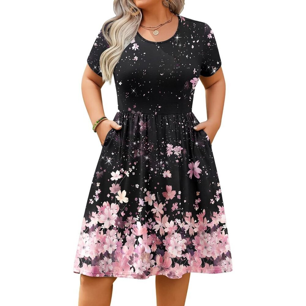 Plus Size Summer Dress Women Short Sleeve Floral T Shirt Pockets Casual